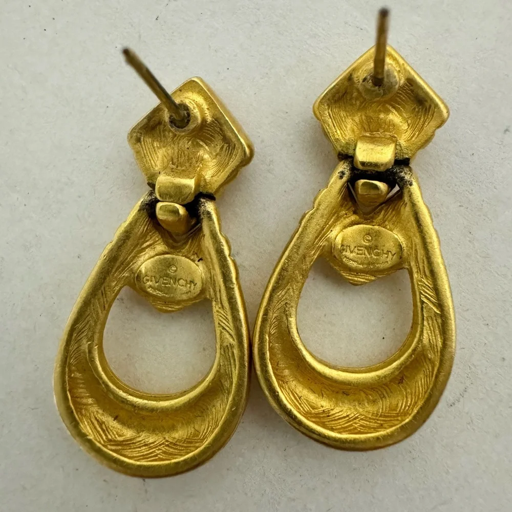 Vintage GIVENCHY Matte Gold Tone Door Knocker Style Pierced Earrings